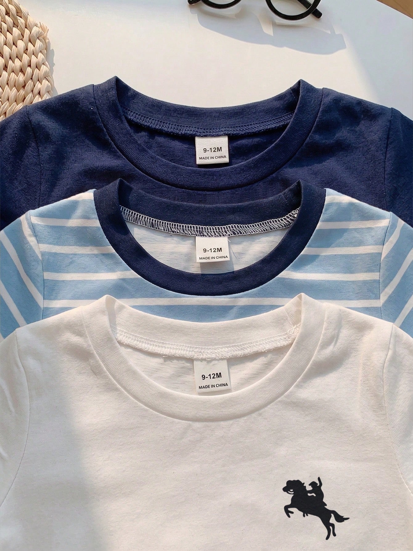 Playful Pals 3Sets Toddler Baby Boys Kids Chic Sporty Striped Solid Horse Embroidery Short Sleeve Crew Neck Shorts Soft Two Piece Clothing Outfits Sets Summer Top