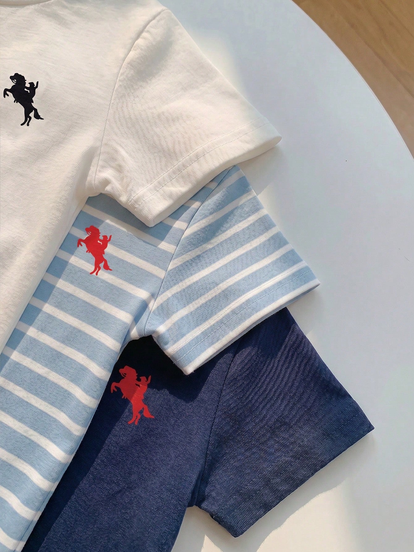 Playful Pals 3Sets Toddler Baby Boys Kids Chic Sporty Striped Solid Horse Embroidery Short Sleeve Crew Neck Shorts Soft Two Piece Clothing Outfits Sets Summer Top