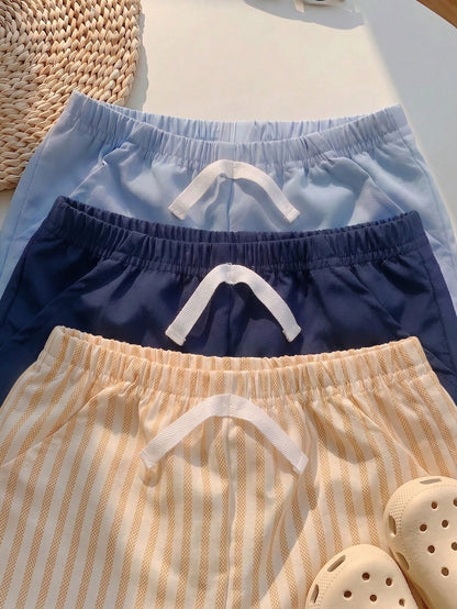 Playful Pals 3Sets Toddler Baby Boys Kids Chic Sporty Striped Solid Horse Embroidery Short Sleeve Crew Neck Shorts Soft Two Piece Clothing Outfits Sets Summer Top