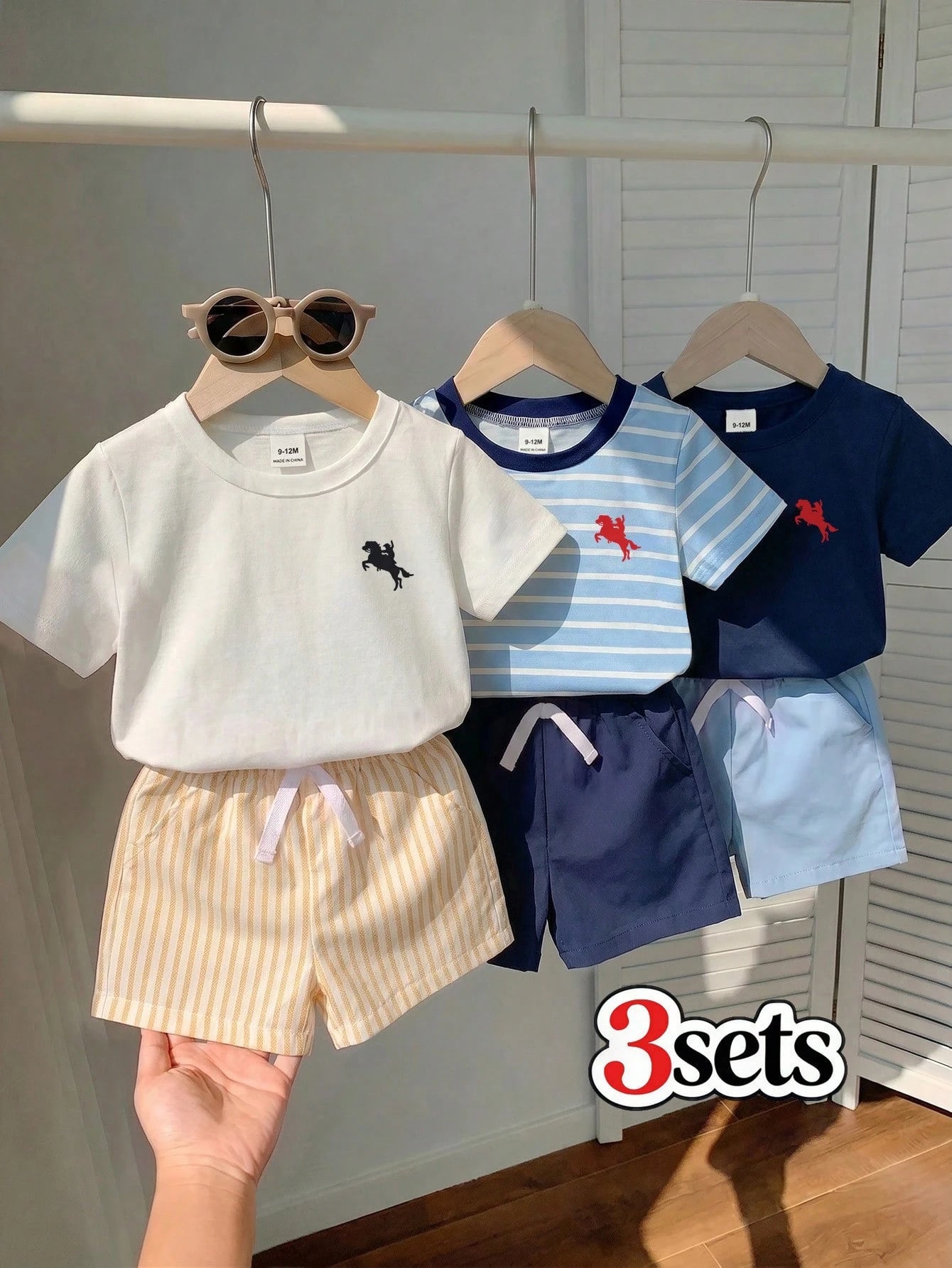 Playful Pals 3Sets Toddler Baby Boys Kids Chic Sporty Striped Solid Horse Embroidery Short Sleeve Crew Neck Shorts Soft Two Piece Clothing Outfits Sets Summer Top