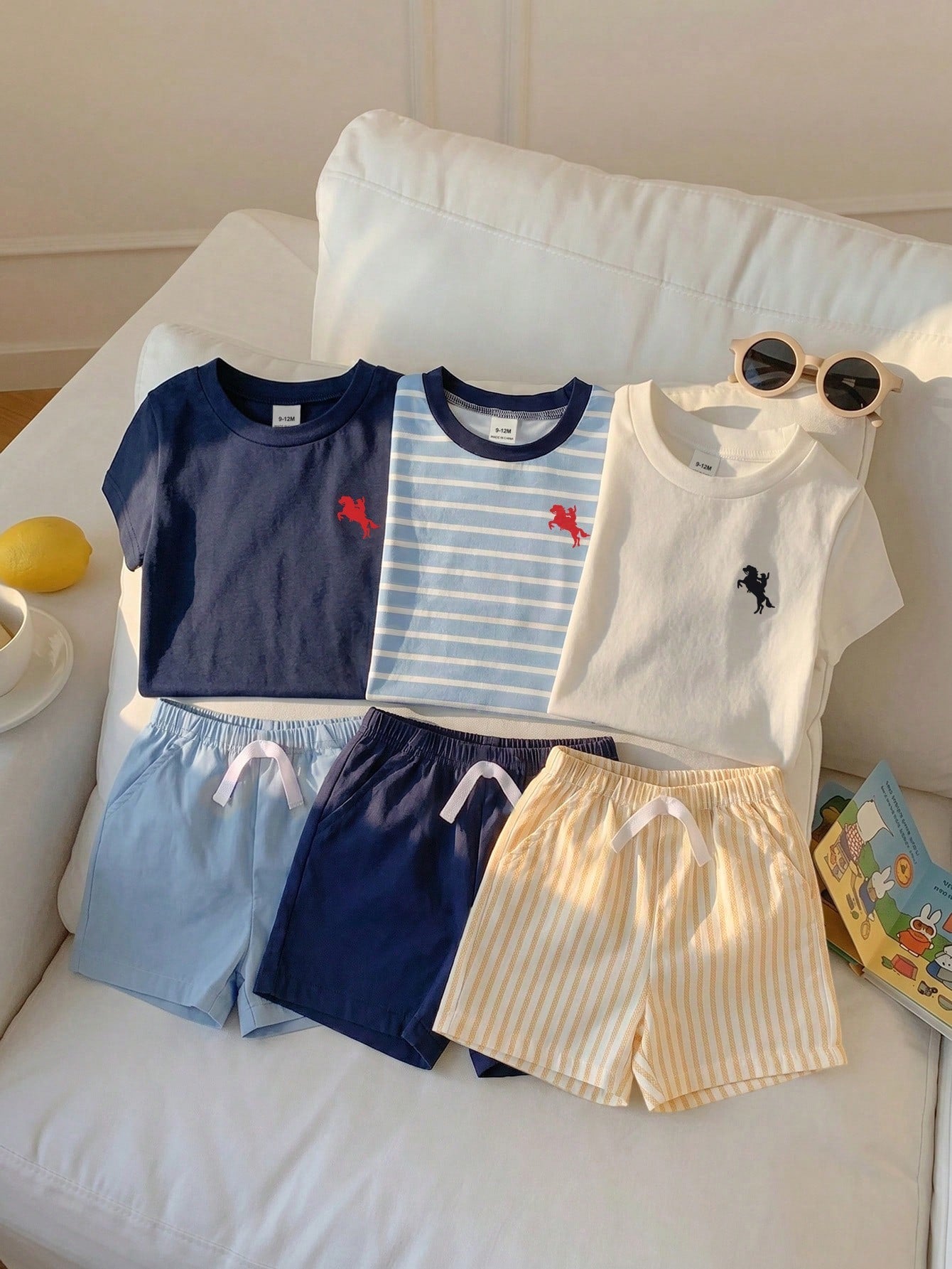 Playful Pals 3Sets Toddler Baby Boys Kids Chic Sporty Striped Solid Horse Embroidery Short Sleeve Crew Neck Shorts Soft Two Piece Clothing Outfits Sets Summer Top