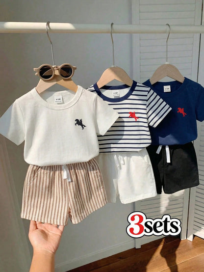 Playful Pals 3Sets Toddler Baby Boys Kids Chic Sporty Striped Solid Horse Embroidery Short Sleeve Crew Neck Shorts Soft Two Piece Clothing Outfits Sets Summer Top