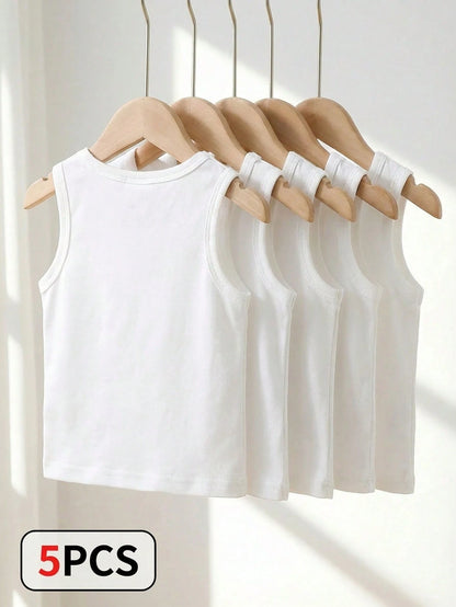 Playful Pals 5pcs/Set Baby Boy White Knitted Sleeveless Vest Tops Summer Casual Family Matching Undershirt For Outdoors Daily Wear Travel Kids' Fashion Tank Tops