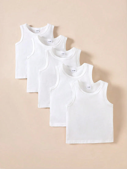 Playful Pals 5pcs/Set Baby Boy White Knitted Sleeveless Vest Tops Summer Casual Family Matching Undershirt For Outdoors Daily Wear Travel Kids' Fashion Tank Tops