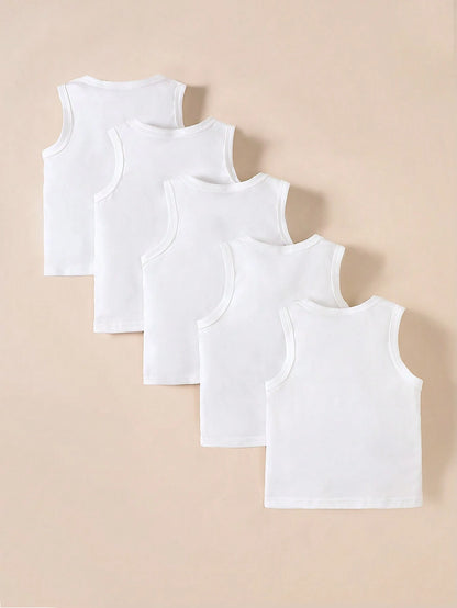 Playful Pals 5pcs/Set Baby Boy White Knitted Sleeveless Vest Tops Summer Casual Family Matching Undershirt For Outdoors Daily Wear Travel Kids' Fashion Tank Tops