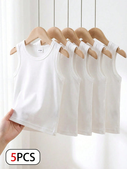 Playful Pals 5pcs/Set Baby Boy White Knitted Sleeveless Vest Tops Summer Casual Family Matching Undershirt For Outdoors Daily Wear Travel Kids' Fashion Tank Tops