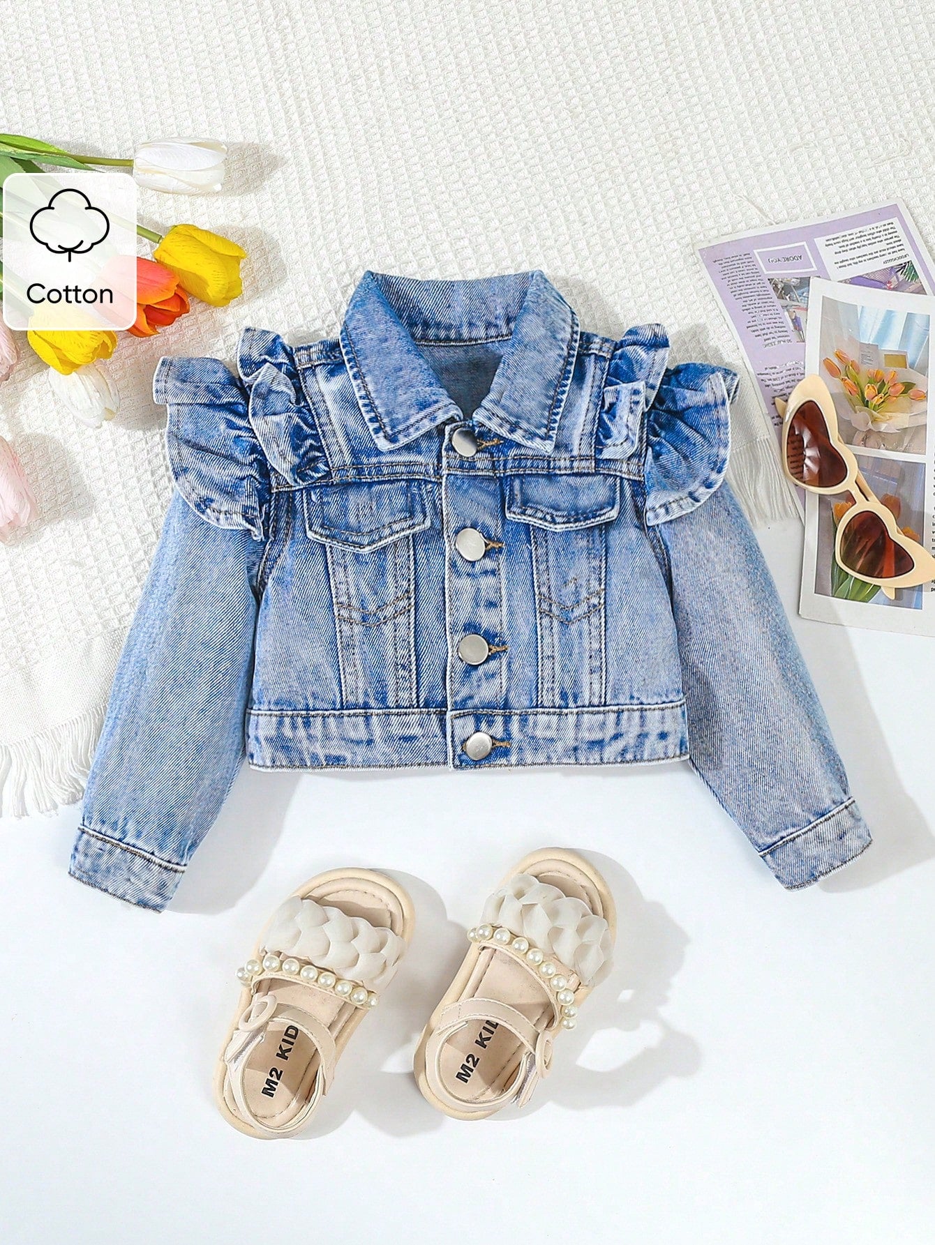Playful Pals Baby/Baby GirlNew Double Ruffle Retro Fashion Denim Short Jacket, Baby Jean Jacket, Girls Ruffle Denim Jacket,Tops Fall Winter