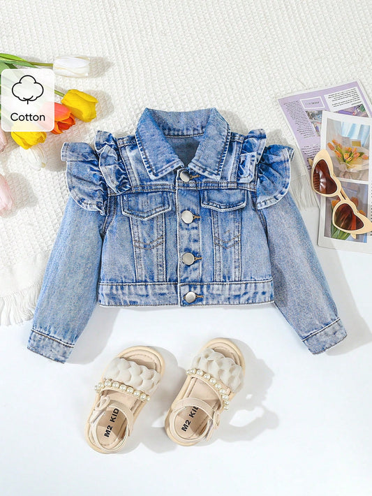 Playful Pals Baby/Baby GirlNew Double Ruffle Retro Fashion Denim Short Jacket, Baby Jean Jacket, Girls Ruffle Denim Jacket,Tops Fall Winter
