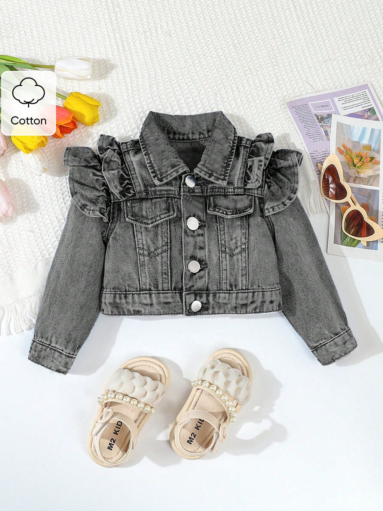 Playful Pals Baby/Baby GirlNew Double Ruffle Retro Fashion Denim Short Jacket, Baby Jean Jacket, Girls Ruffle Denim Jacket,Tops Fall Winter