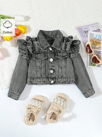 Playful Pals Baby/Baby GirlNew Double Ruffle Retro Fashion Denim Short Jacket, Baby Jean Jacket, Girls Ruffle Denim Jacket,Tops Fall Winter