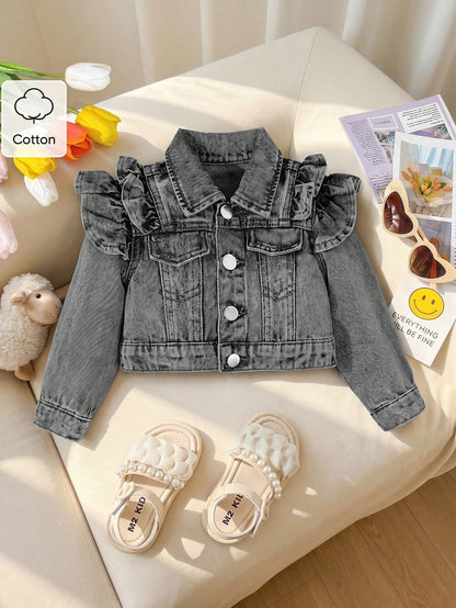Playful Pals Baby/Baby GirlNew Double Ruffle Retro Fashion Denim Short Jacket, Baby Jean Jacket, Girls Ruffle Denim Jacket,Tops Fall Winter
