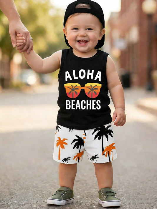 Playful Pals Baby Boy 3-Piece Outfit: Sunglasses, Letter Print Tank Top, Palm Tree Print Shorts, Suitable For Summer Outings