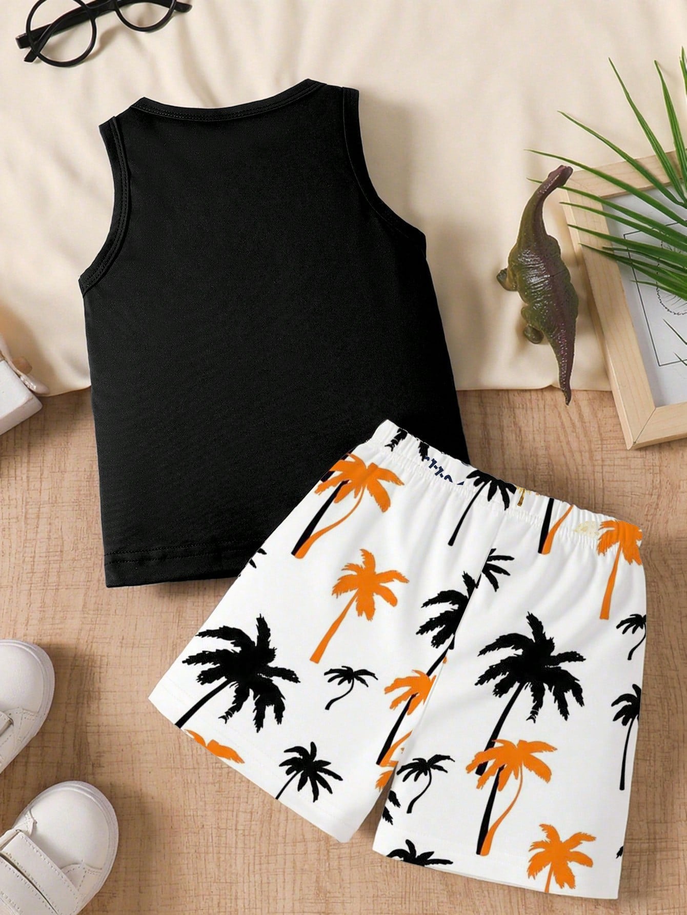 Playful Pals Baby Boy 3-Piece Outfit: Sunglasses, Letter Print Tank Top, Palm Tree Print Shorts, Suitable For Summer Outings