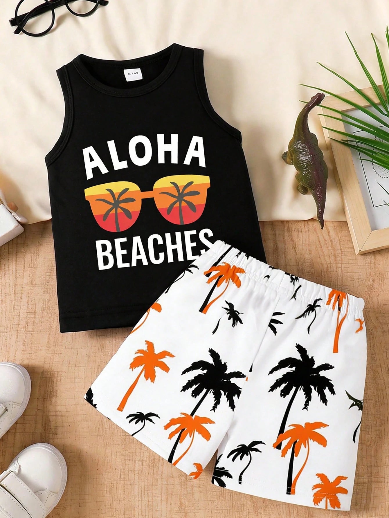 Playful Pals Baby Boy 3-Piece Outfit: Sunglasses, Letter Print Tank Top, Palm Tree Print Shorts, Suitable For Summer Outings