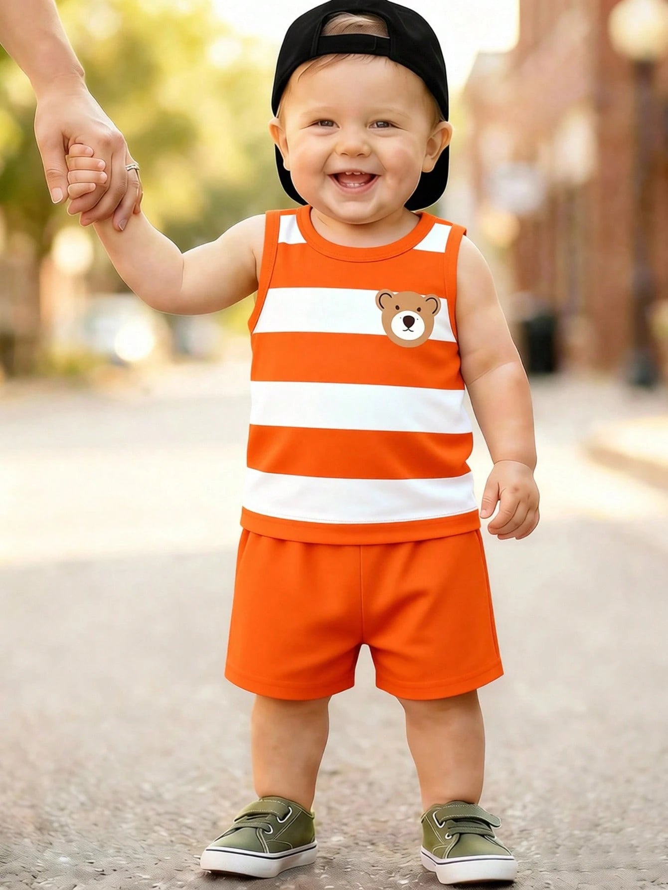 Playful Pals Baby Boy 3-Piece Outfit: Sunglasses, Letter Print Tank Top, Palm Tree Print Shorts, Suitable For Summer Outings