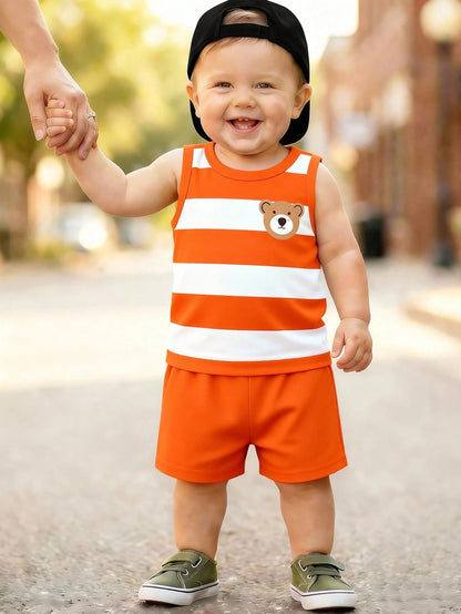 Playful Pals Baby Boy 3-Piece Outfit: Sunglasses, Letter Print Tank Top, Palm Tree Print Shorts, Suitable For Summer Outings