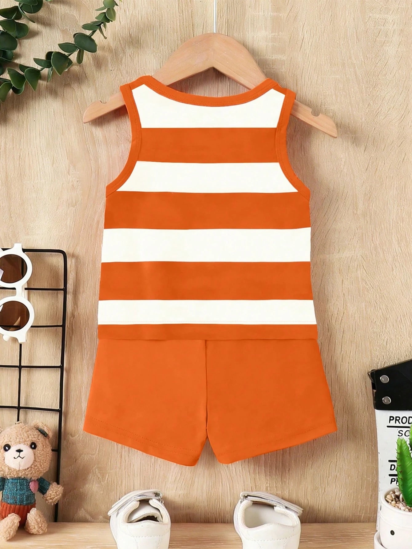 Playful Pals Baby Boy 3-Piece Outfit: Sunglasses, Letter Print Tank Top, Palm Tree Print Shorts, Suitable For Summer Outings