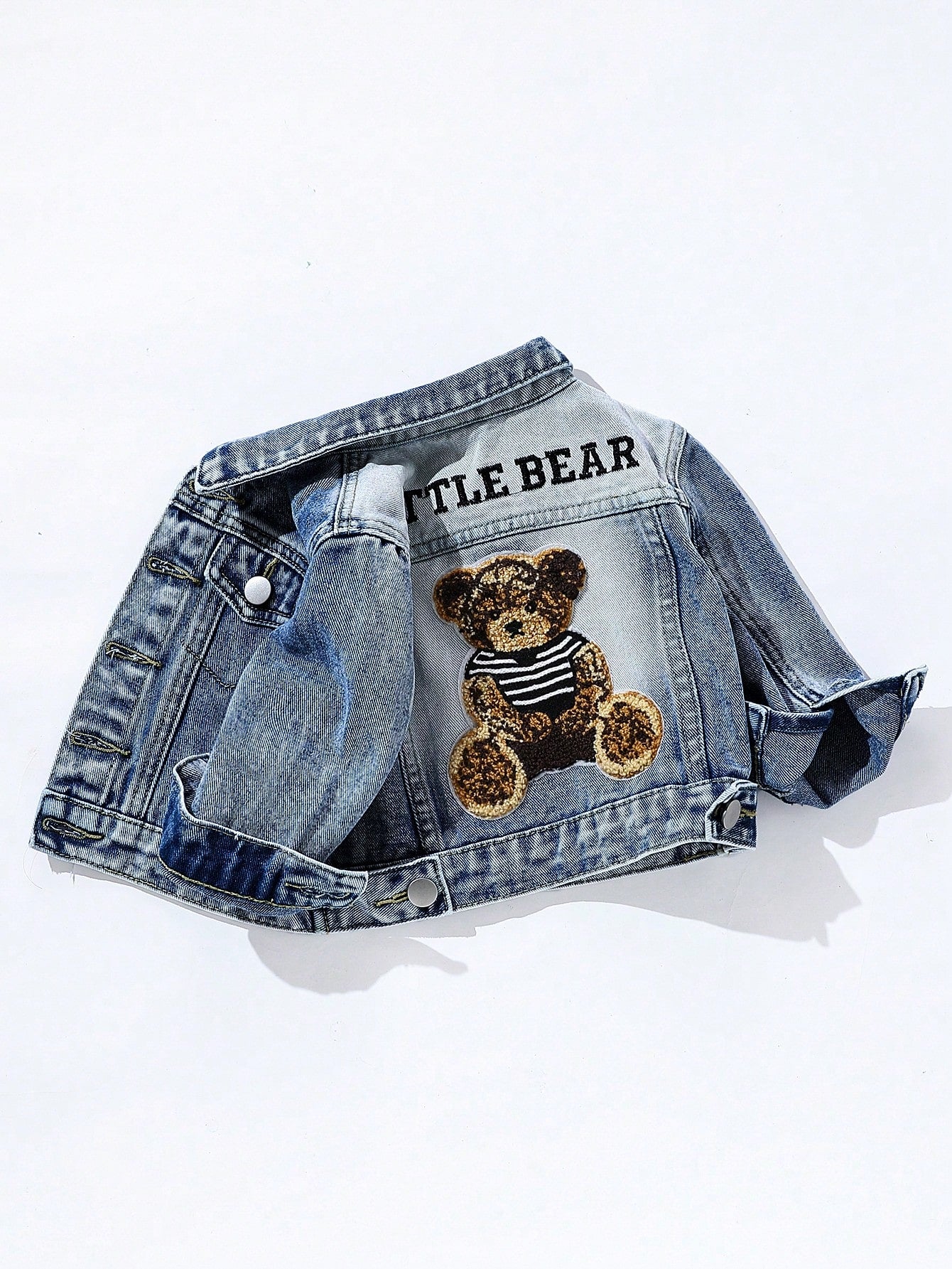 Playful Pals Baby Boy Medium Wash Denim Jacket With Embroidered Bear Patch, Classic & Casual Design