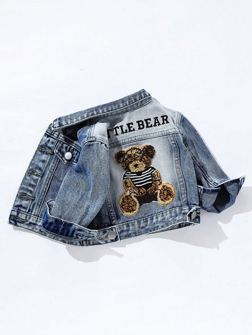 Playful Pals Baby Boy Medium Wash Denim Jacket With Embroidered Bear Patch, Classic & Casual Design