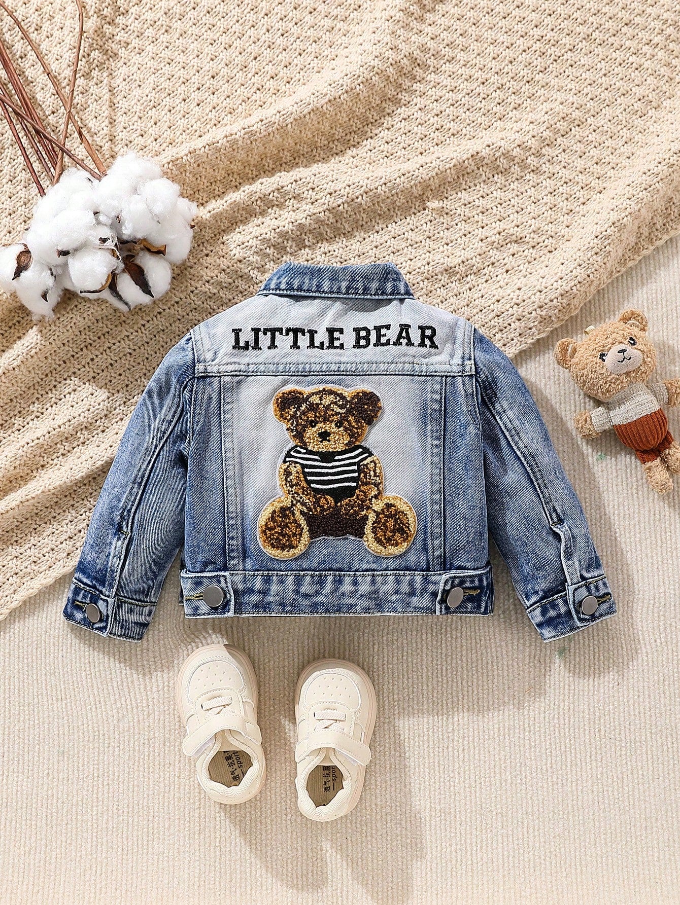 Playful Pals Baby Boy Medium Wash Denim Jacket With Embroidered Bear Patch, Classic & Casual Design
