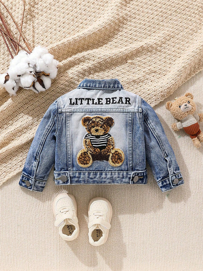 Playful Pals Baby Boy Medium Wash Denim Jacket With Embroidered Bear Patch, Classic & Casual Design