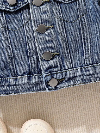 Playful Pals Baby Boy Medium Wash Denim Jacket With Embroidered Bear Patch, Classic & Casual Design
