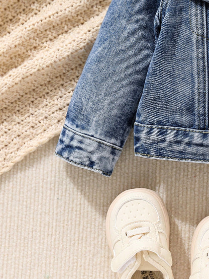 Playful Pals Baby Boy Medium Wash Denim Jacket With Embroidered Bear Patch, Classic & Casual Design