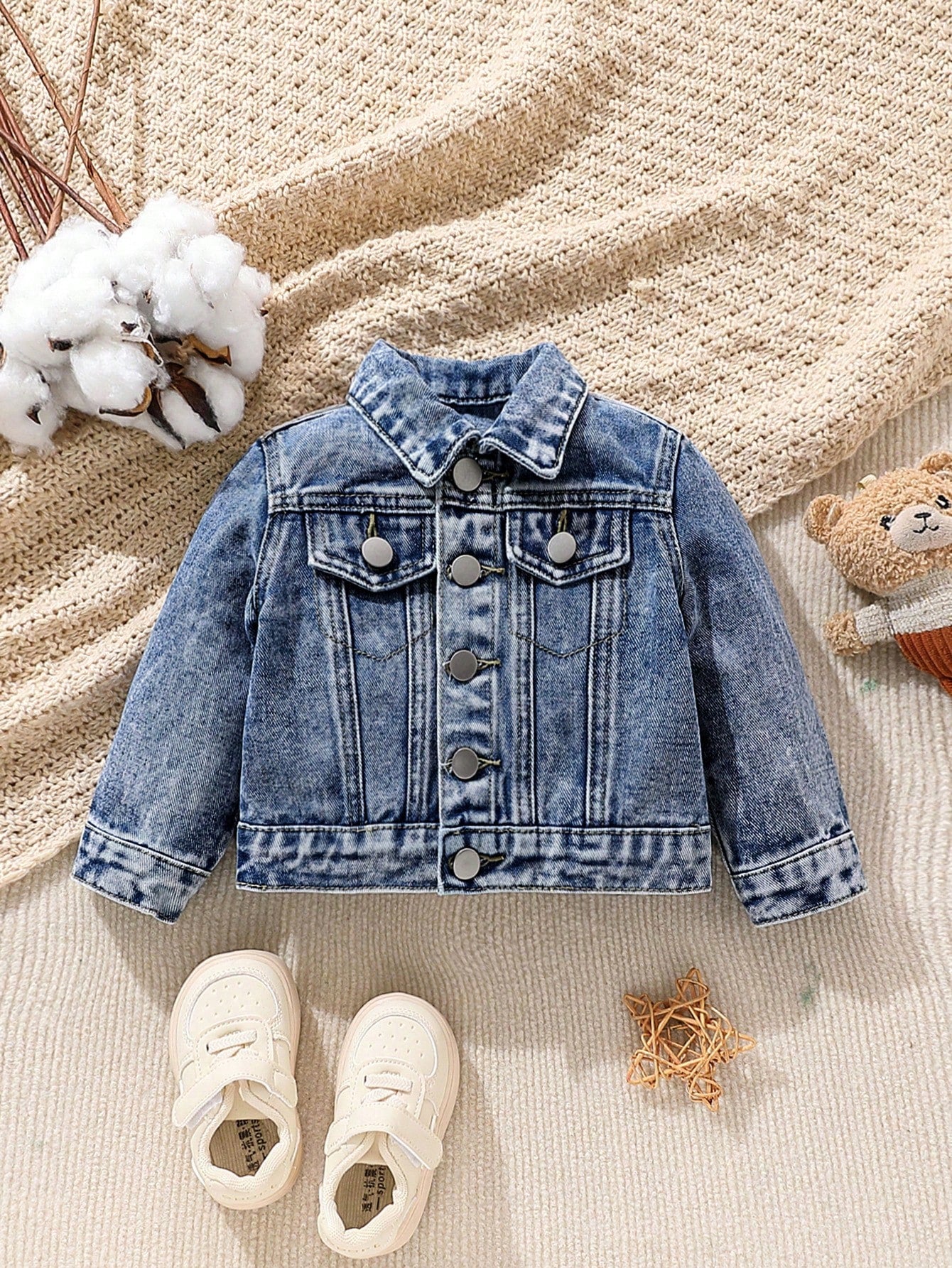Playful Pals Baby Boy Medium Wash Denim Jacket With Embroidered Bear Patch, Classic & Casual Design