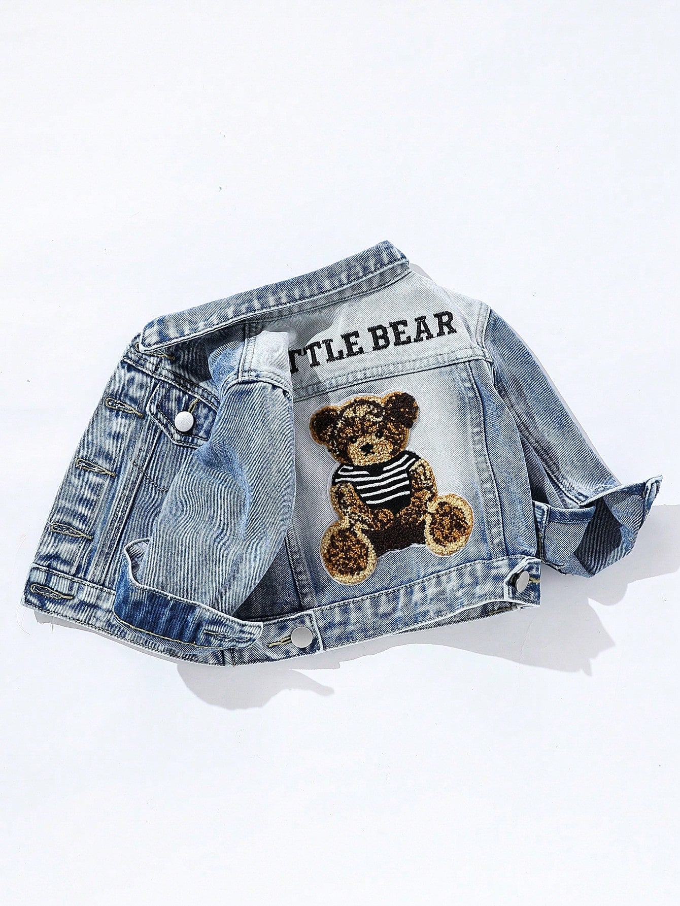 Playful Pals Baby Boy Medium Wash Denim Jacket With Embroidered Bear Patch, Classic & Casual Design