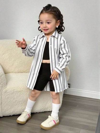 Playful Pals Baby Girl 3-Piece Set Casual Black And White Striped Long Sleeve Jacket Camisole And Shorts Summer Vacation Soft Outfits For School & Daily Wear