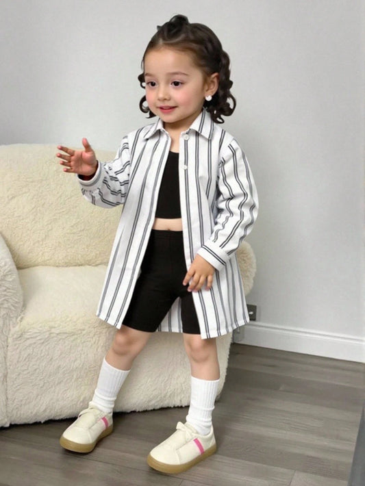 Playful Pals Baby Girl 3-Piece Set Casual Black And White Striped Long Sleeve Jacket Camisole And Shorts Summer Vacation Soft Outfits For School & Daily Wear