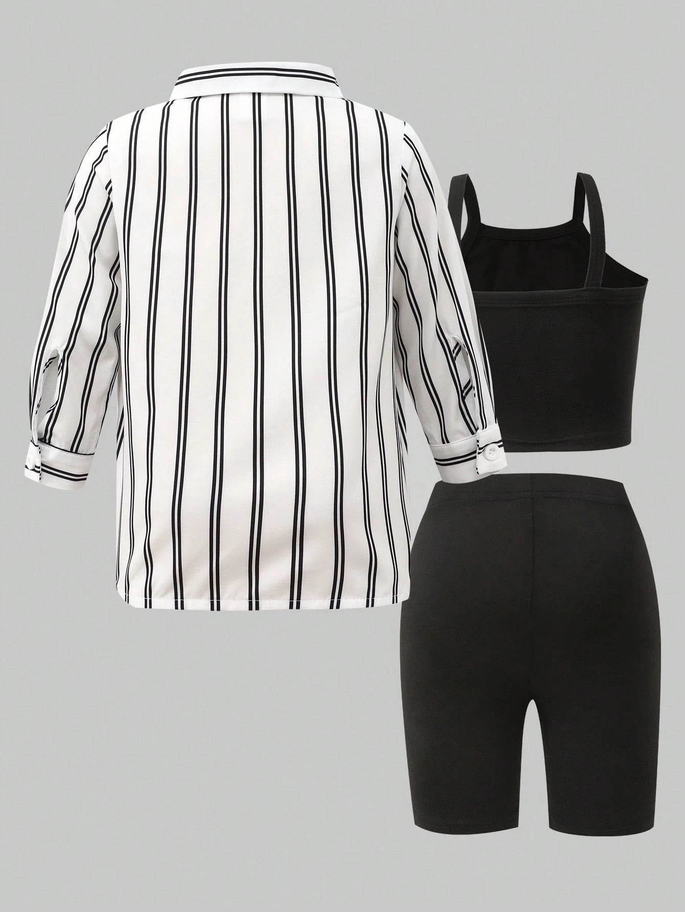 Playful Pals Baby Girl 3-Piece Set Casual Black And White Striped Long Sleeve Jacket Camisole And Shorts Summer Vacation Soft Outfits For School & Daily Wear