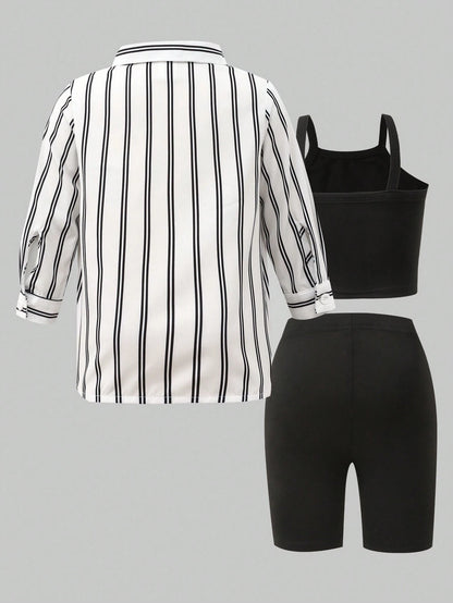 Playful Pals Baby Girl 3-Piece Set Casual Black And White Striped Long Sleeve Jacket Camisole And Shorts Summer Vacation Soft Outfits For School & Daily Wear