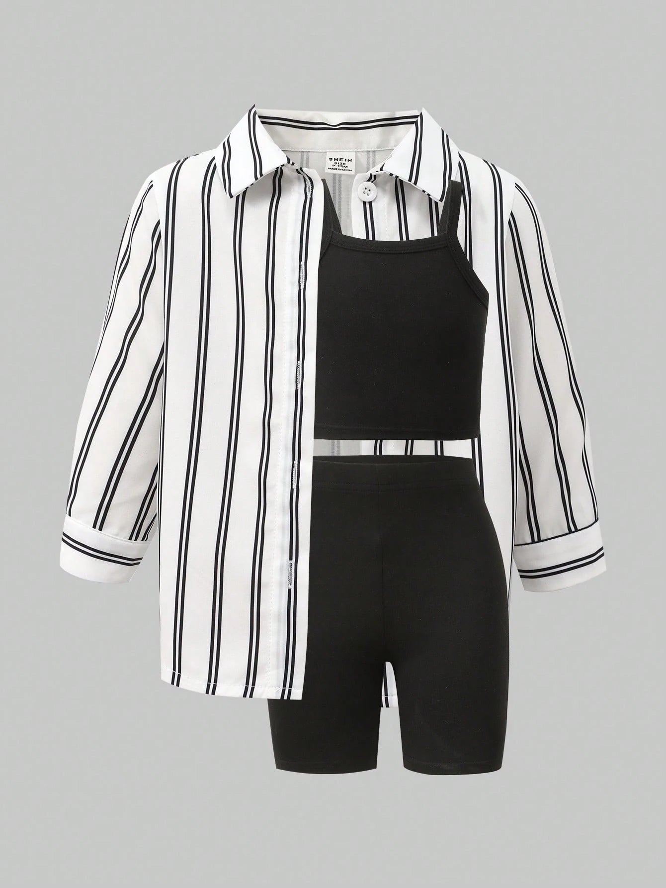 Playful Pals Baby Girl 3-Piece Set Casual Black And White Striped Long Sleeve Jacket Camisole And Shorts Summer Vacation Soft Outfits For School & Daily Wear