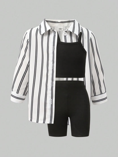 Playful Pals Baby Girl 3-Piece Set Casual Black And White Striped Long Sleeve Jacket Camisole And Shorts Summer Vacation Soft Outfits For School & Daily Wear