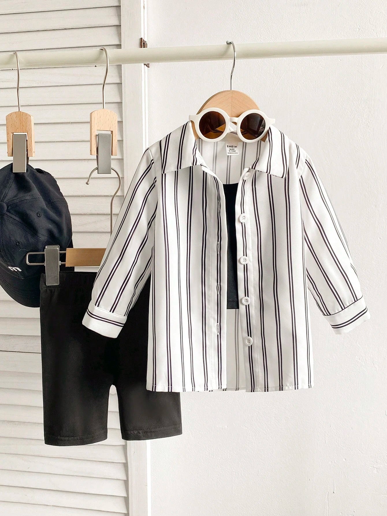 Playful Pals Baby Girl 3-Piece Set Casual Black And White Striped Long Sleeve Jacket Camisole And Shorts Summer Vacation Soft Outfits For School & Daily Wear