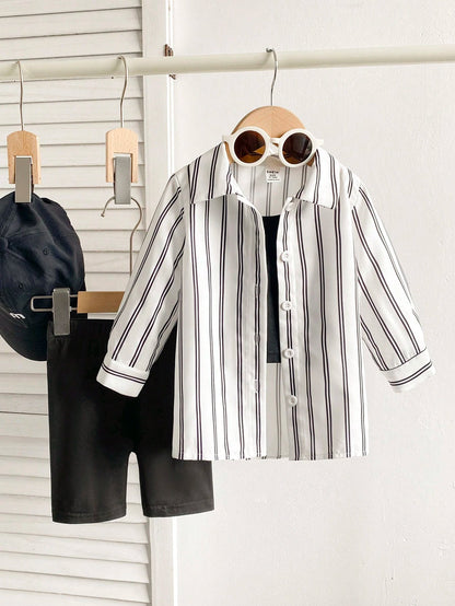 Playful Pals Baby Girl 3-Piece Set Casual Black And White Striped Long Sleeve Jacket Camisole And Shorts Summer Vacation Soft Outfits For School & Daily Wear