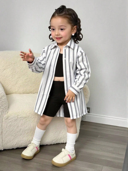 Playful Pals Baby Girl 3-Piece Set Casual Black And White Striped Long Sleeve Jacket Camisole And Shorts Summer Vacation Soft Outfits For School & Daily Wear