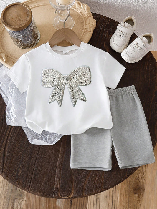 Playful Pals Baby Girls' Summer White Outfit Cute Birthday T-Shirt With Rhinestone Bow Print & Light Gray Casual Shorts Loose Comfortable 2pcs Fresh Sweet Set