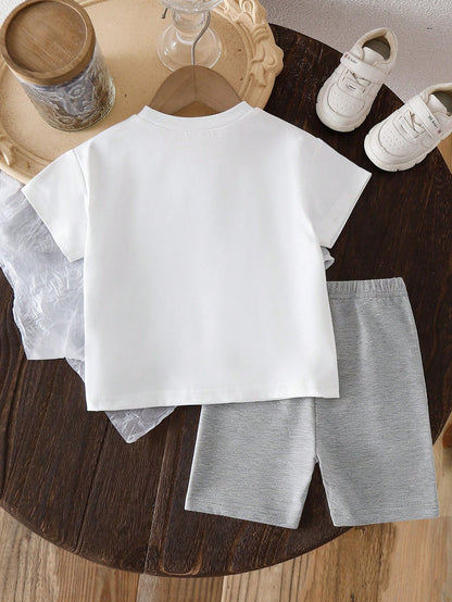 Playful Pals Baby Girls' Summer White Outfit Cute Birthday T-Shirt With Rhinestone Bow Print & Light Gray Casual Shorts Loose Comfortable 2pcs Fresh Sweet Set