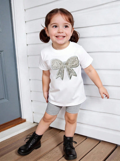 Playful Pals Baby Girls' Summer White Outfit Cute Birthday T-Shirt With Rhinestone Bow Print & Light Gray Casual Shorts Loose Comfortable 2pcs Fresh Sweet Set