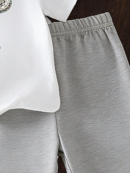 Playful Pals Baby Girls' Summer White Outfit Cute Birthday T-Shirt With Rhinestone Bow Print & Light Gray Casual Shorts Loose Comfortable 2pcs Fresh Sweet Set
