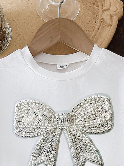 Playful Pals Baby Girls' Summer White Outfit Cute Birthday T-Shirt With Rhinestone Bow Print & Light Gray Casual Shorts Loose Comfortable 2pcs Fresh Sweet Set