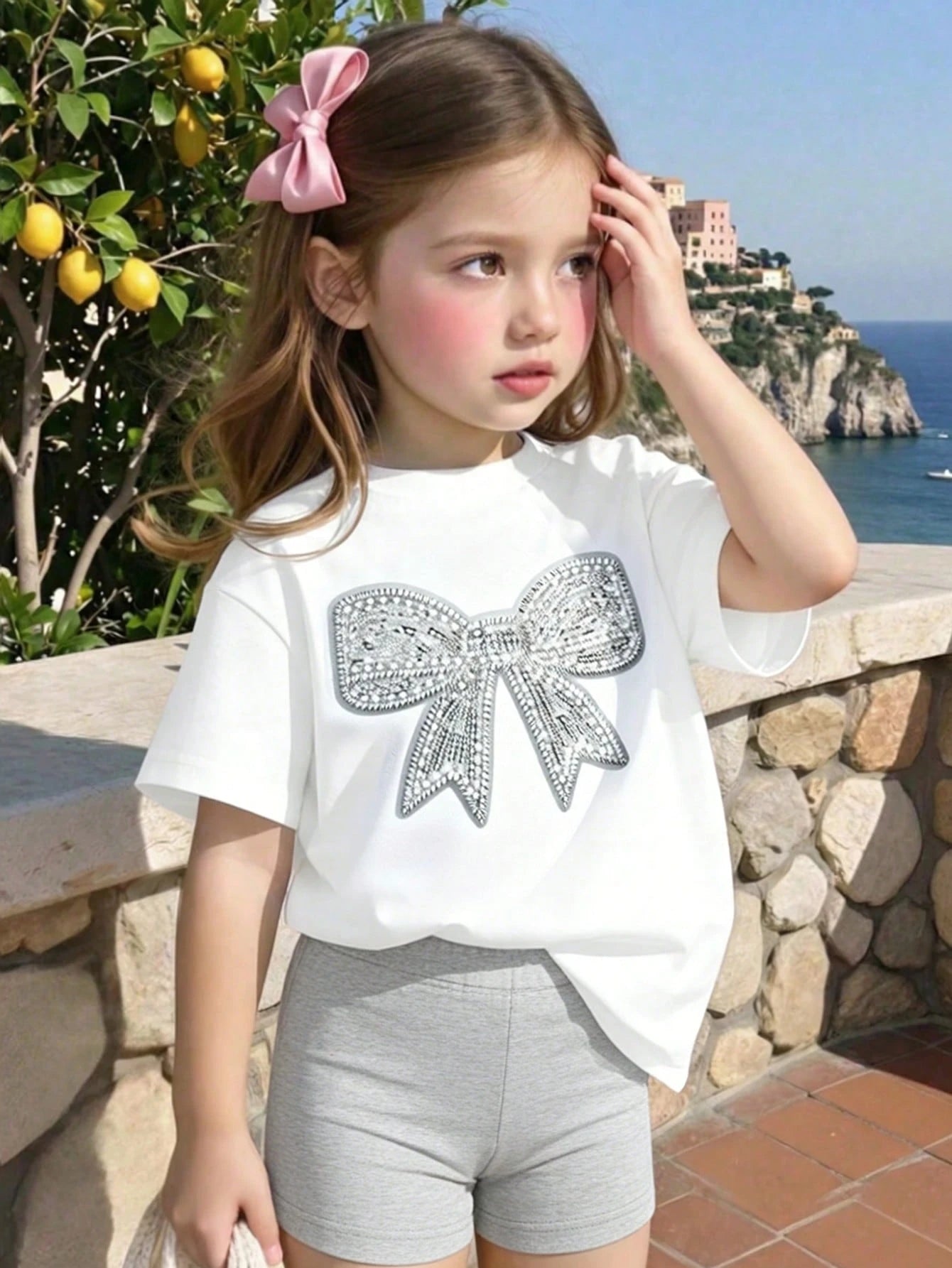 Playful Pals Baby Girls' Summer White Outfit Cute Birthday T-Shirt With Rhinestone Bow Print & Light Gray Casual Shorts Loose Comfortable 2pcs Fresh Sweet Set