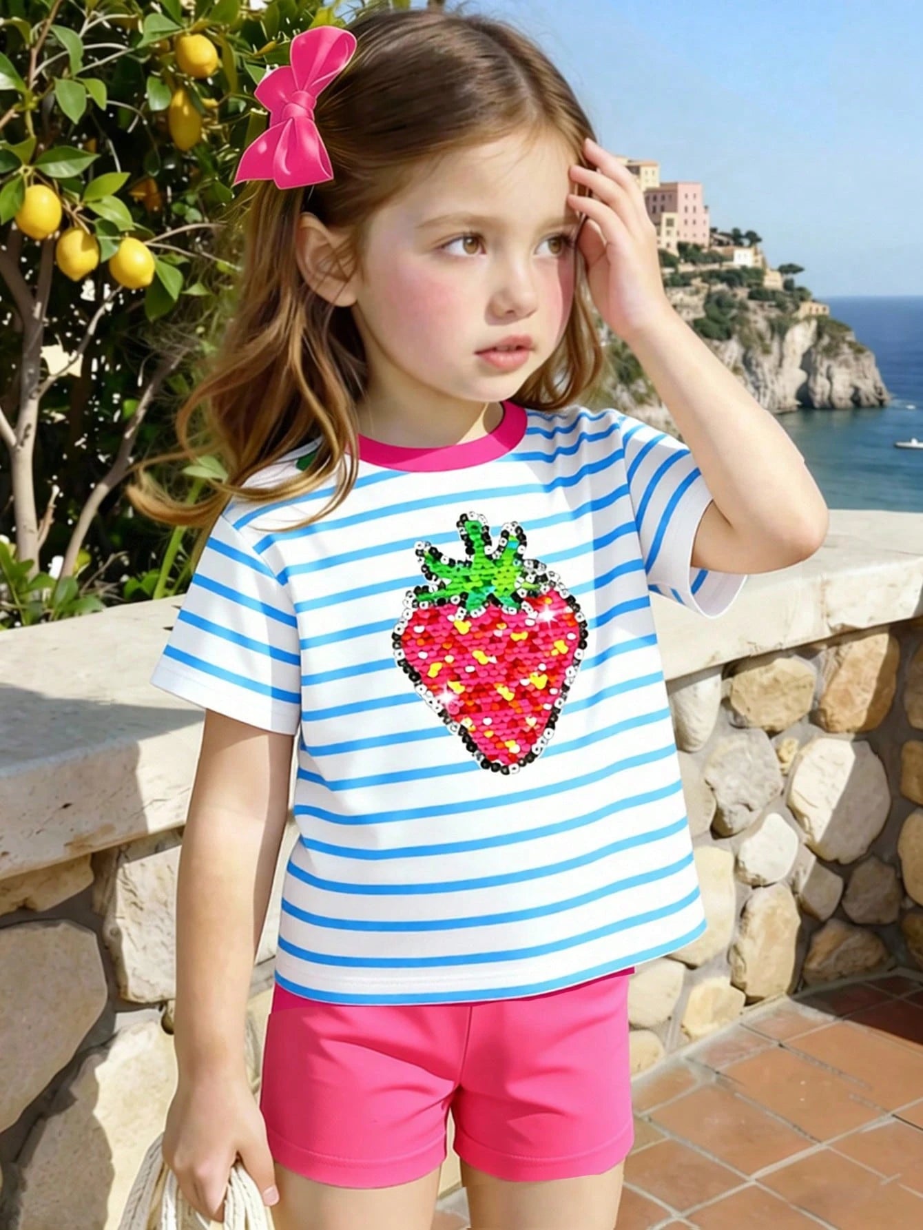 Playful Pals Baby Girls' Summer White Outfit Cute Birthday T-Shirt With Rhinestone Bow Print & Light Gray Casual Shorts Loose Comfortable 2pcs Fresh Sweet Set