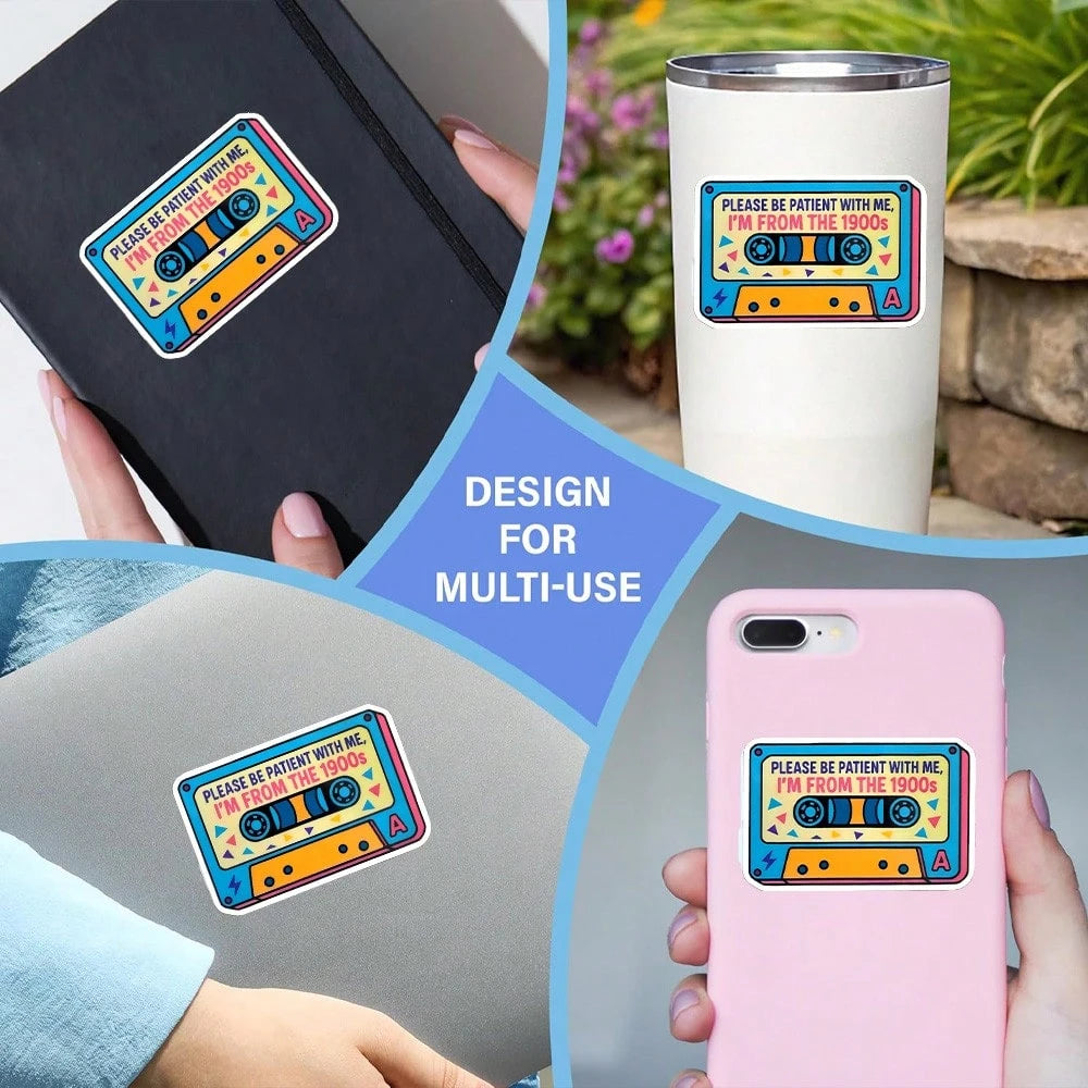 "Please Wait Patiently, I'm From The 1900s" Sticker, Funny Cassette Tape Laptop Sticker, Vintage 90s Cassette Vinyl, Millennial Gift, Waterproof Removable Water Bottle Sticker
