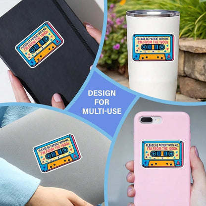 "Please Wait Patiently, I'm From The 1900s" Sticker, Funny Cassette Tape Laptop Sticker, Vintage 90s Cassette Vinyl, Millennial Gift, Waterproof Removable Water Bottle Sticker