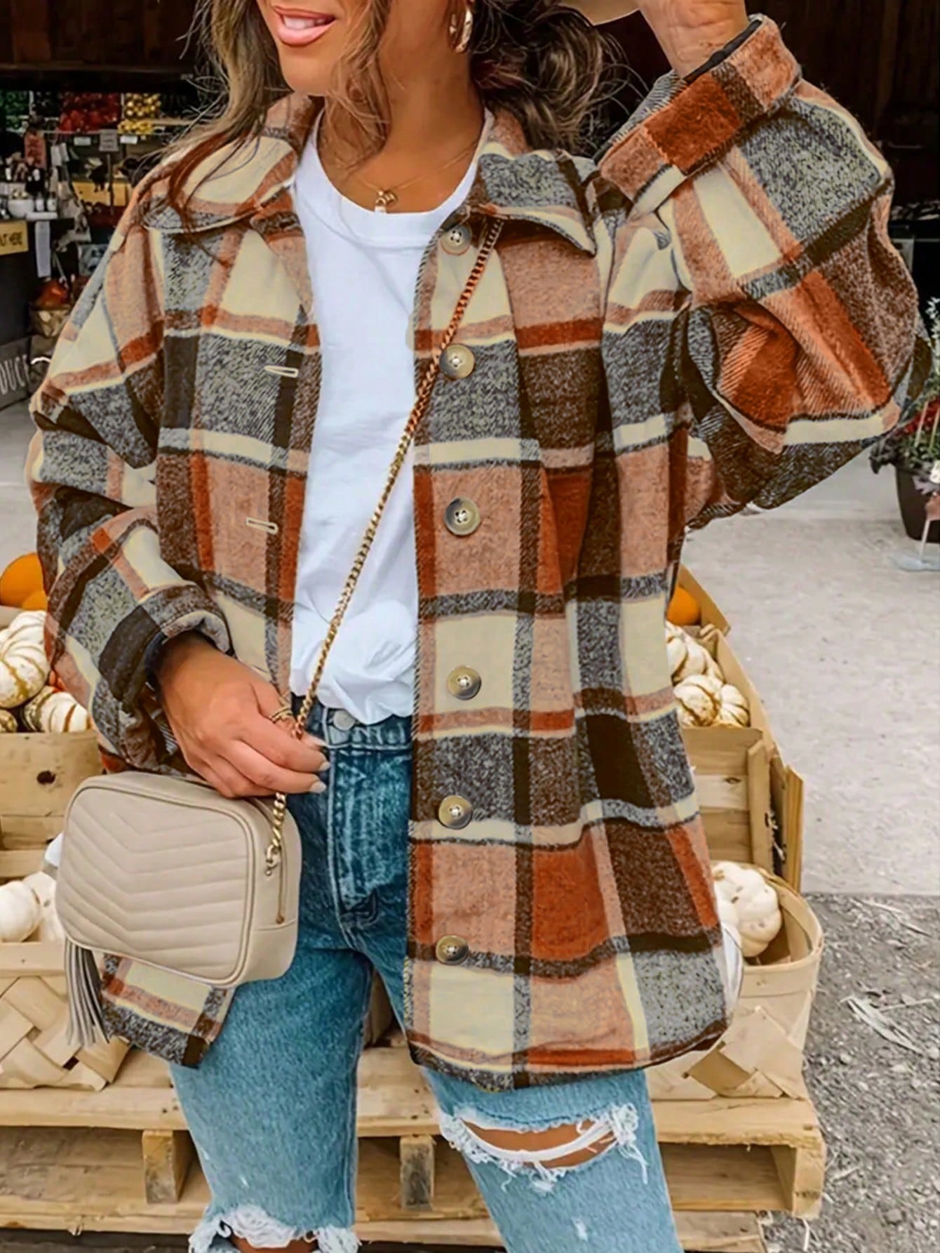 Plus Size Casual Colorblock Plaid Loose Jacket, Autumn/Winter
