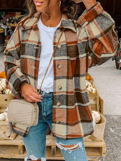 Plus Size Casual Colorblock Plaid Loose Jacket, Autumn/Winter