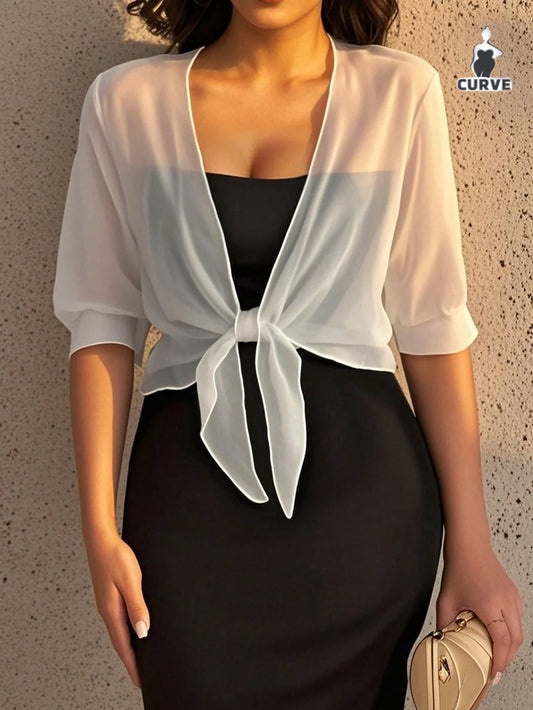 Plus Size Chiffon Tie Front Shirt, Women Summer Vacation Coverup, Sheer Casual Cover Up, Solid Color White